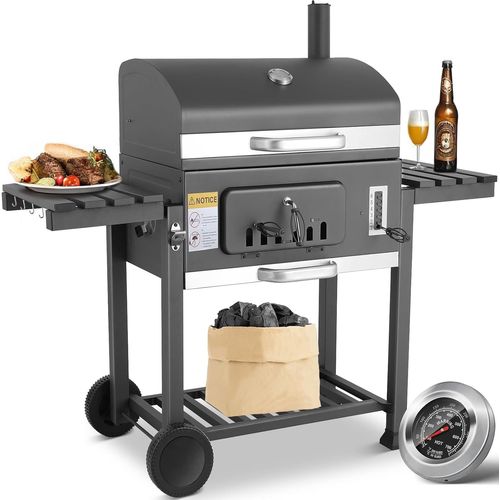 Barbecue Charbon de Bois Grande, Barbecues à Charbon avec Couvercle,Roulettes, Thermomètre et Cheminée, Barbecue Exterieur pour Camping et Jardin