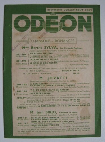 Catalogue Disques Vinyles Odeon. 1937. Berthe Silva, Renault
