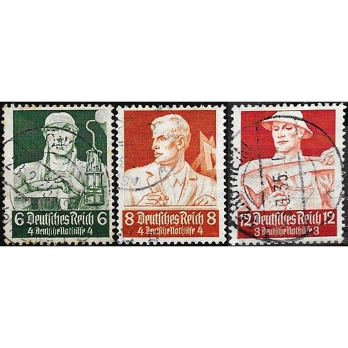 Allemagne, 3ème Reich 1934, Beaux Timbres Yvert 516 517 518, Au Profit Du Secours D'hiver, Série Métiers, Le Mineur, L'architecte Et Le Cultivateur, Oblitérés, Tbe.