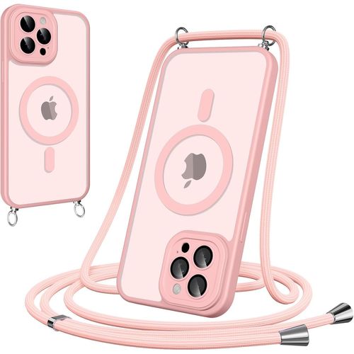 Maa-Coque Magnétique Pour Iphone 11 Pro Max Avec Cordon, [Compatible Avec Magsafe] Etui Translucide Mat Arrière Anti-Jaunissement Antichoc Réglable Portable Lanyard Case Protection, Rose