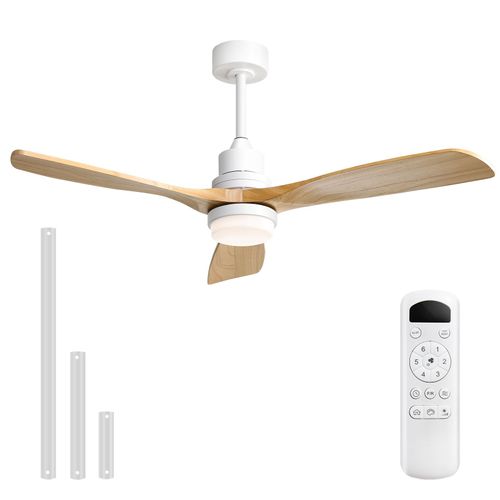 Ventilateur de Plafond avec Lumière, Sofucor, Télécommande, Pales en Bois Naturel, Ø132 cm, 6 Vitesses, Moteur DC 26W Silencieux
