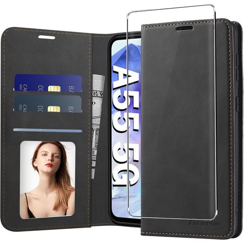 Coque Pour Samsung Galaxy A55 5g Housse Cuir Avec Magnétique Premium Flip Portefeuille Emplacement Carte Fermoir Coque Samsung A55 Etui Premium En Cuir,Antichoc Coque Galaxy A55 5g (Noir)[X1278]