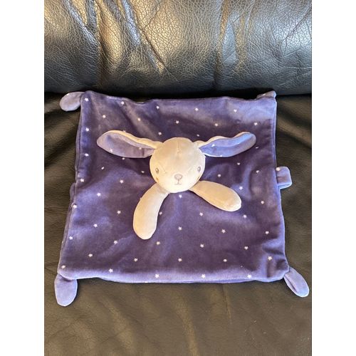 Doudou plat Lapin bleu gris étoiles attache tétine SIMBA 24*24cm