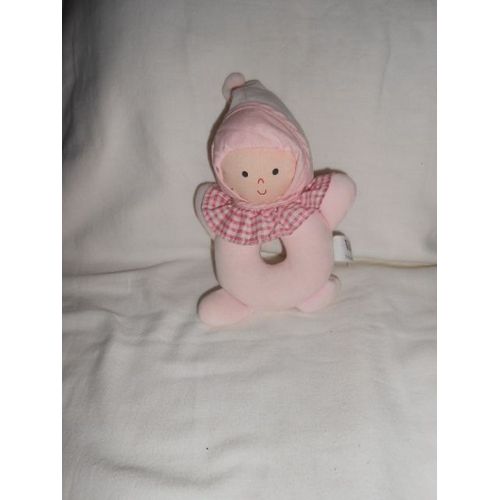 Hochet Anneau Rond Bonnet Rose Vulli Sophie La Girafe Lutin Poupee Fille Grelot Col Bavette Carreaux Vichy Rose Blanc