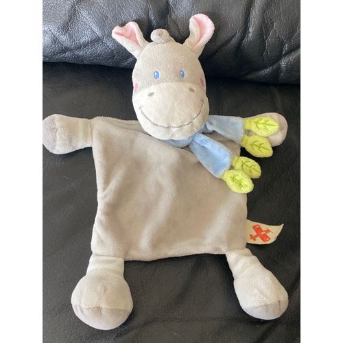 Doudou peluche Nicotoy  âne cheval gris bleu écharpe feuille 27cm