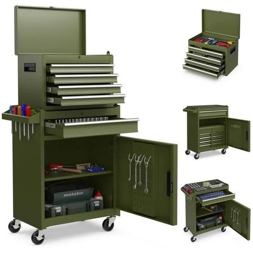 COSTWAY Servante Caisse à Outils 4 Tiroirs Amovible Etagère Réglable Planche à Outils 4 Roues Verrouillables Vert Olive
