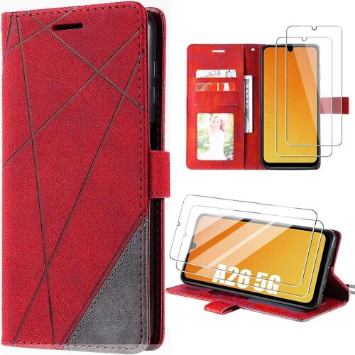 Coque + 2 Verres Trempés pour Samsung Galaxy A26 5G, Protection Intégrale Cuir Synthétique Antichoc - Rouge - E.F.Connection
