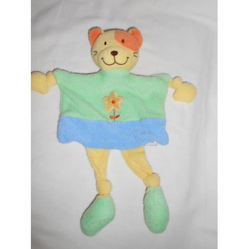 Peluche Doudou Plat Chat Vert Bleu 4 Noeuds Fleur Jaune Cocard Orange Pommette Intermarche