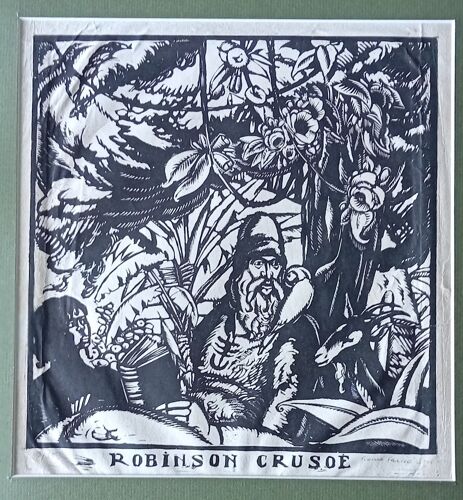 Gravure Pierre Falke Bois Gravé. Projet De Couverture Non Retenu Pour Robinson Crusoe.