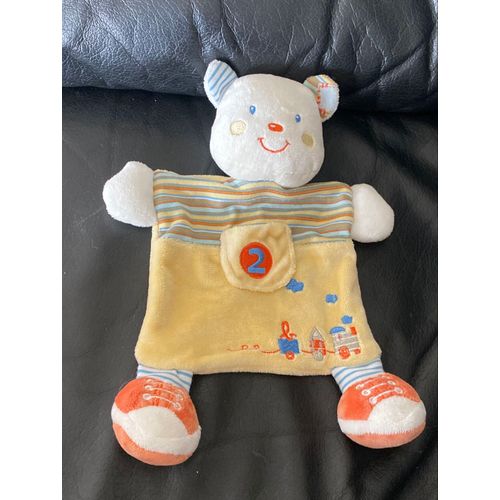 Doudou plat Ours blanc jaune train NICOTOY KIABI 25cm