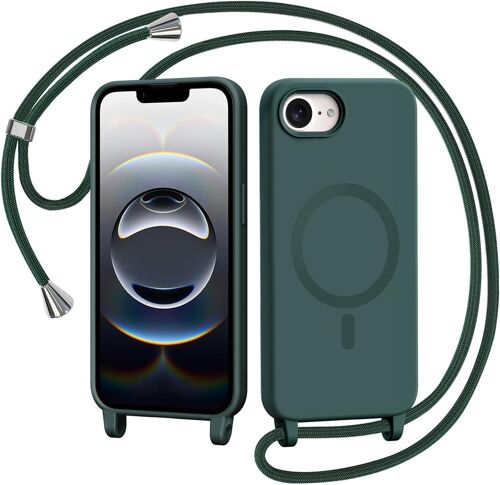 KALANKA-Coque Magnétique pour iPhone 16e / iPhone 17e avec Cordon, Compatible avec MagSafe Collier Étui Silicone Liquide avec Tour de Cou Lanière en Corde Souple TPU Antichoc Housse, Vert foncé