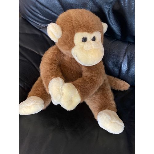 Grand doudou peluche singe marron et beige système U scratch 30cm