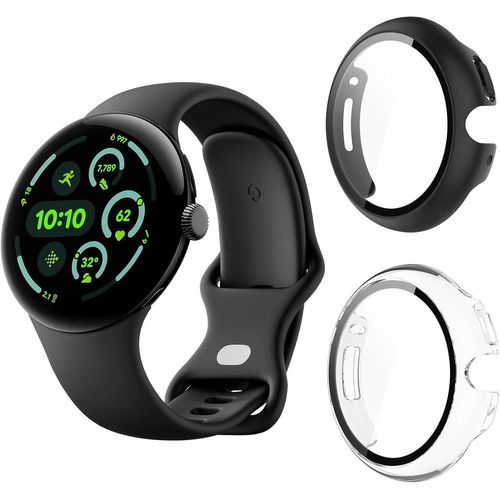 Coque Compatible Avec Google Pixel Watch 3 45mm, [Avec Screen Protector] Coque Protection 9h Hd Protection Écran En Verre Trempé Pc Coque Anti-Rayures Case - Transparent&noir