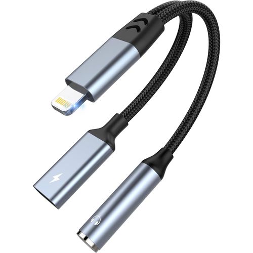Doubleur De Prises Iphone Lightning Charge + Jack Stéréo 3.5 Audio Noir Et Argent
