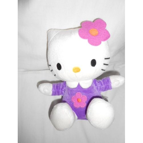 Doudou Peluche Chat Hello Kitty Combi Pyjama Babygro Violet Mauve Lilas Fleur Rose Fushia Orange Nez Jaune Sanrio Jemini Sega Segaprize Prize Europe 20cm Assis