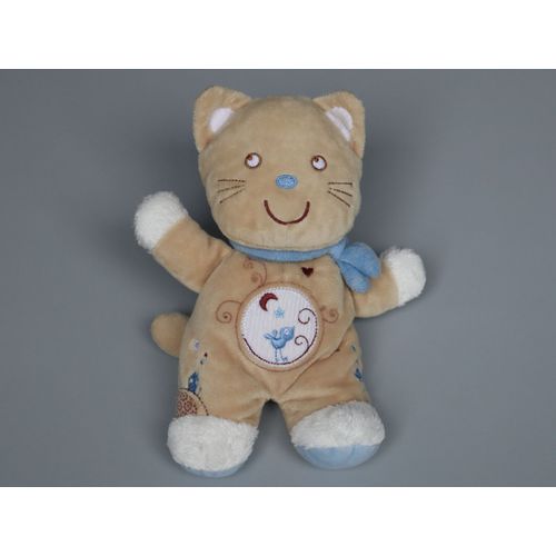 Doudou Chat Beige Blanc Bleu Pommette