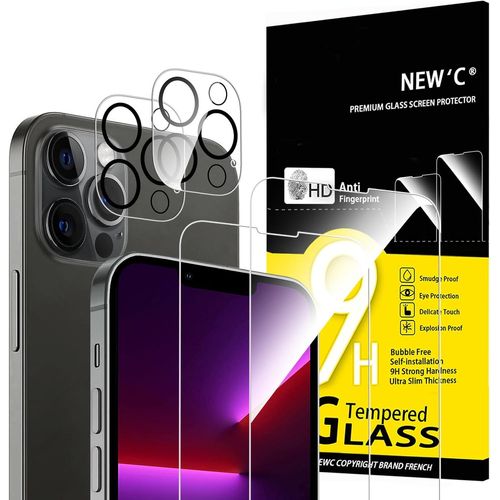 CAUC-Lot de 4, 2 x Verre Trempé pour iPhone 13 Pro et 2 x Protection Caméra Arrière - sans Bulles d'air -Ultra Résistant - Dureté 9H Glass
