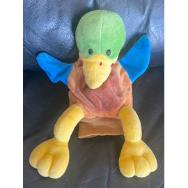 Doudou peluche marionnette canard marron vert bleu et jaune 26cm