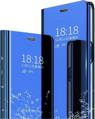 Compatible Coque Xiaomi Redmi Note 9 4g Étui Flip Clear View Translucide Miroir Cover Standing 360°Housse Antichoc Smart Cover Bumper Bleu Ciel