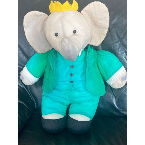 PELUCHE ÉLÉPHANT BABAR TOILE DE PARACHUTE VERT GRIS 40CM IDÉAL LOISIR 1991