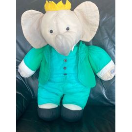 PELUCHE ÉLÉPHANT BABAR TOILE DE PARACHUTE VERT GRIS 40CM IDÉAL LOISIR 1991