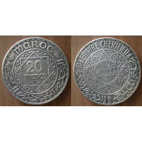 Maroc 20 Francs 1933 1352 Piece Argent Empire Cherifien