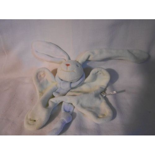 Doudou Plat Lapin Vert Bleu Echarpe Bleu Passage Trou Au 4 Coins Une Tache Sur Un Trou Absorba