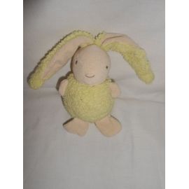 Doudou Lapin Rabbit Bunny Lièvre Boule Jaune Vert Pistache Ecru Creme Beige Eponge Grelot 13cm Sans Les Oreilles Ajena Nounours Vintage