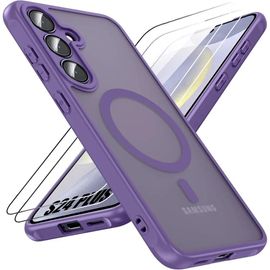 Coque + 2 Verres Trempés pour Samsung Galaxy S24 Plus (S24+) Protection avec Anneau Magnétique et Vitre Caméra - Violet - E.F.Connection