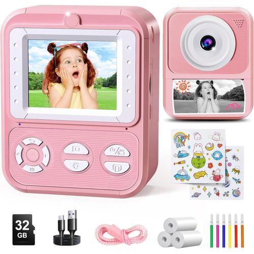Appareil Photo Instantané Pour Enfants,Appareil Photo Instantané 1080P Pour Enfants Avec 3 Rouleaux De Papier D'Impression Et Carte 32 Go,Écran 2,4 Pouces,Appareil Photo Numérique Pour Enfan