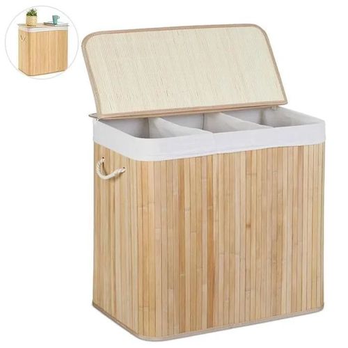 Panier à linge à 3 compartiments, Corbeille à linge en Bambou 150L, Solide et Pliable, Couleur Marron