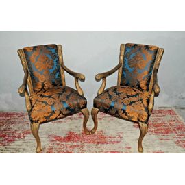 Paire De Fauteuils Louis Xv Bois De Hêtre Marron Tissu Bleu Élégant
