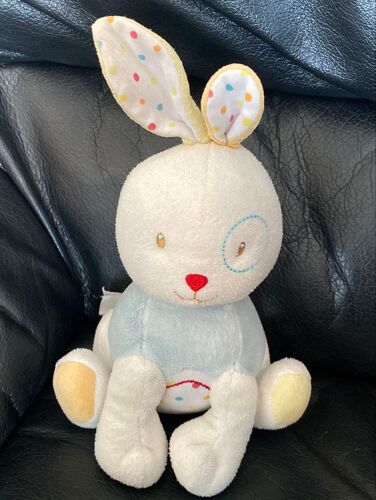 DOUDOU LAPIN BLANC BLEU JAUNE POIS SUCRE D'ORGE 18CM