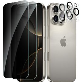 Kal-2 Pièces Protection Écran Verre Trempé Pour Iphone 16 Pro Anti-Espion Avec 2 Pièces Protecteur D'objectif De Camera, Vitre Protection Film Dureté 9h Glass, Anti Rayures