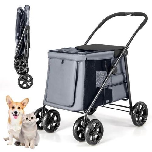 Costway Poussette Buggy Pliable Animaux - Coussin Amovible, 4 Roues Amortissantes - Charge 40kg - Chariot Pour Chat -Chien - Gris