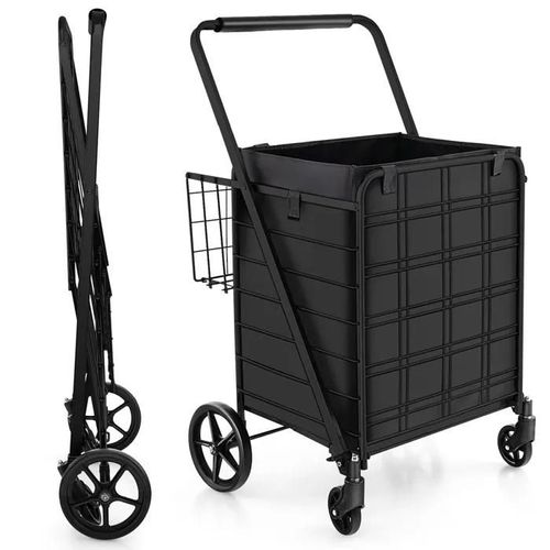 Chariot de Courses COSTWAY-2 Panier (126L)-Sac en Oxford Imperméable-Caddie Pliable à 4 Roues Pivotantes 360°-Capacité 150KG-Noir