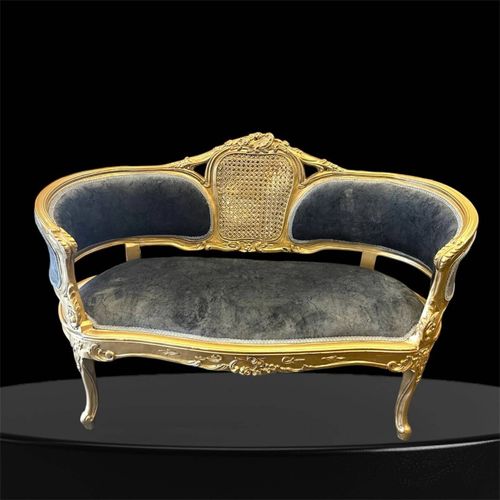 Une Banquette Louis Xv En Bois D'Hêtre Sculpté Doré Et Velours Gris Anthracite