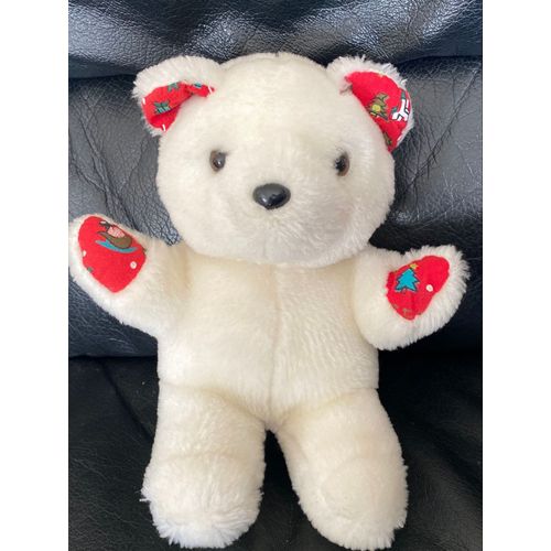 Peluche ours ancien blanc rouge et vert noël vintage 20cm