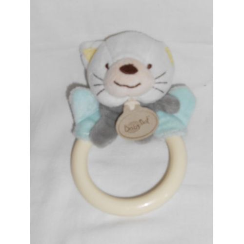 Doudou Hochet Chat Bleu Balnc Jaune Echarpe Grise Grelot Baby Nat Babynat Anneau
