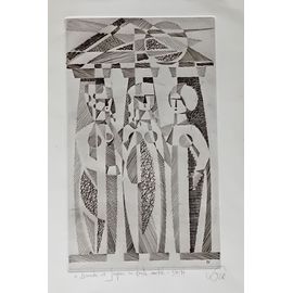 Gravure Au Burin: Trois Personnages Féminins. Epreuve Dédicacée.