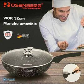 Wok 32 Cm Manche Amovible, Avec Couvercle, Revêtement Pierre Anti-Adhésif, Tous Feux Dont Induction