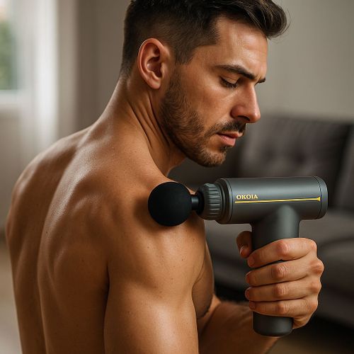 Pistolet De Massage Okoia Mg45 Noir – 4 Têtes, Sans Fil, 6,5h D’Autonomie, 4 Vitesses