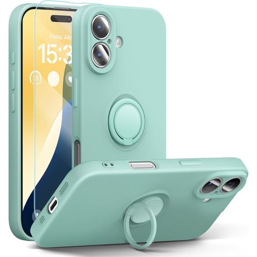 Coque Silicone Pour Iphone 16 Plus Couleur Vert Avec Anneau Support + Verre Trempe Protection Ecran Little Boutik®