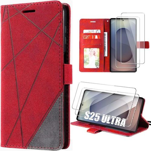 Coque + 2 Verres Trempés Pour Samsung Galaxy S25 Ultra, Effet Cuir Rouge Antichoc Protection 360° - E.F.Connection