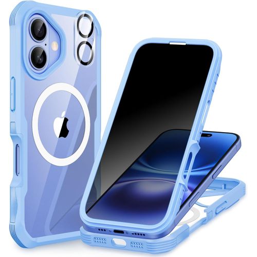 Magnétique Anti Espion Coque Iphone 16, Compatible Avec Magsafe Intégré Verre Trempé Protection Écran Et Protecteur Caméra, Antichoc Téléphone Housse Double Face Case Intégrale Etui -Bleu