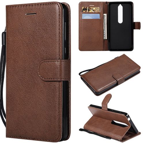 Saturcase Coque Pour Nokia 6.1, Pu Cuir Magnétique Flip Portefeuille Support Porte-Carte Protecteur Housse Étui Avec Dragonne Pour Nokia 6.1 (Marron)