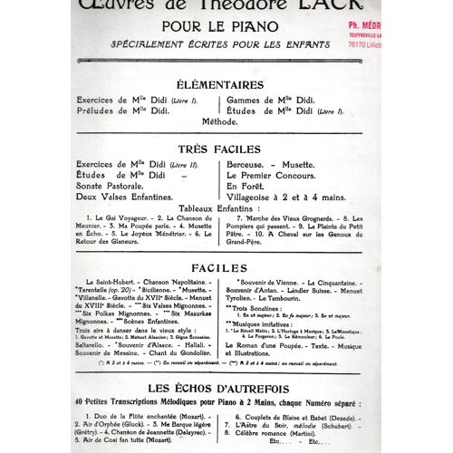 Cours De Piano De Mlle Didi - 1° Livre : Etudes : Prelude , Voyageur + Berceuse + Valse + Alsacienne + Le Rouet + Tyrolienne + Musette + Lied + Improvisation + Tarentelle + Rondino + Romance