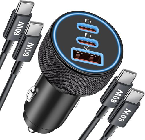 67W 3-Port Chargeur Voiture Allume Cigare USB C et 2-Pack 1M USB C Câble pour iPhone 16 16e 15 Pro Max,iPad,Samsung Galaxy S25 S24 S23 S22 Ultra,Pixel,Prise Rapide Chargeur PD/QC 12V Adaptateur
