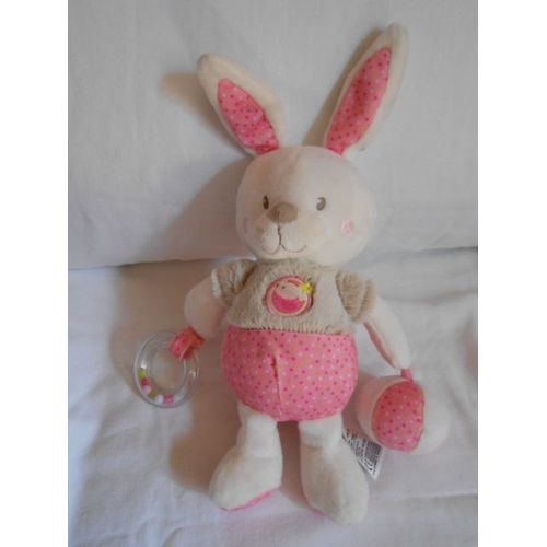 Doudou Mots D'enfants Lapin Rose Blanc Ballon 34 Cm Oiseau Grelot Hochet Siplec Leclerc Anneau Bille Fourrure