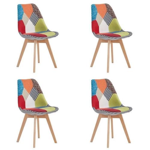 Lot De 4 Chaise De Salle À Manger En Lin Avec Pieds En Hêtre Massif, Design Rétro Patchwork Multicolore Chaises Rembourrées
